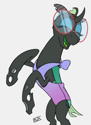 Size: 4000x5500 | Tagged: safe, artist:evan555alpha, oc, oc only, oc:yvette (evan555alpha), changeling, ladybug, evan's daily buggo ii, bow, broach, changeling oc, clothes, colored sketch, dorsal fin, eyes closed, eyeshadow, fangs, female, glasses, green tongue, head turn, open mouth, open smile, raised hoof, raised leg, rearing, round glasses, signature, simple background, sketch, smiling, solo, swimsuit, white background