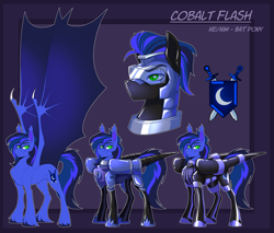 Size: 6150x5250 | Tagged: safe, artist:parrpitched, derpibooru import, oc, oc:guard cobalt flash, bat pony, original species, pony, armor, bat pony oc, fireheart76's latex suit design, guard, helmet, latex, latex boots, latex pony, latex suit, prisoners of the moon, reference sheet, royal guard, rubber, rubber suit, visor