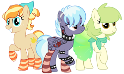 Size: 3968x2376 | Tagged: safe, artist:ayamiiii, artist:emperor-anri, derpibooru import, oc, oc only, oc:basil, oc:icy dusk, oc:melania, earth pony, pegasus, pony, 2023 community collab, anklet, ballerina, bandana, base used, choker, clothes, derpibooru community collaboration, ear piercing, female, freckles, grin, jewelry, magical lesbian spawn, mare, nose piercing, offspring, parent:applejack, parent:cloudchaser, parent:coloratura, parent:thunderlane, parents:rarajack, parents:thunderchaser, piercing, raised hoof, raised leg, scarf, simple background, smiling, socks, spiked anklet, spiked choker, spiked wristband, striped socks, tattoo, transparent background, trio, tutu, wristband