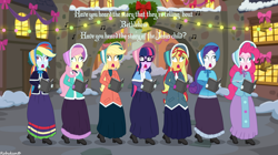 Size: 1194x669 | Tagged: safe, artist:robukun, derpibooru import, applejack, fluttershy, pinkie pie, rainbow dash, rarity, sci-twi, sunset shimmer, twilight sparkle, equestria girls, bonnet, book, caroling, clothes, d:, humane five, humane seven, humane six, open mouth, over enthusiastic carolers, skirt, wall eyed