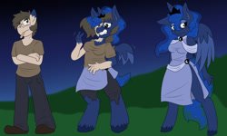Size: 1280x768 | Tagged: safe, artist:detectivecoon, derpibooru import, princess luna, oc, alicorn, anthro, human, blushing, clothes, female, gritted teeth, human to anthro, male, male to female, rule 63, species swap, teeth, transformation, transformation sequence, transforming clothes, transgender transformation