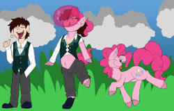 Size: 1280x820 | Tagged: safe, artist:detectivecoon, derpibooru import, pinkie pie, oc, earth pony, human, pony, ;p, female, human to pony, looking at you, male, male to female, mare, one eye closed, rule 63, species swap, tongue, tongue out, transformation, transformation sequence, transgender transformation, wink, winking at you