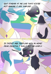 Size: 1100x1600 | Tagged: safe, artist:featherystorm, derpibooru import, princess celestia, alicorn, pony, arceus, blushing, crossover, crossover shipping, eyes closed, mythical pokémon, nuzzling, pokémon, shipping