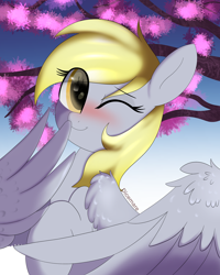 Size: 3200x4000 | Tagged: safe, artist:dicemarensfw, derpibooru import, derpy hooves, pegasus, pony, blushing, cute, derpabetes, female, mare, one eye closed, pretty, smiling, solo, sweet, tree, weapons-grade cute