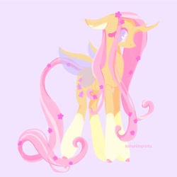 Size: 4000x4000 | Tagged: safe, artist:softpinkpony, derpibooru import, fluttershy, changedling, changeling, original species, absurd resolution, alternate design, changedlingified, changelingified, ears, female, floppy ears, flower, flower in hair, flutterling, purple background, redesign, simple background, solo, species swap