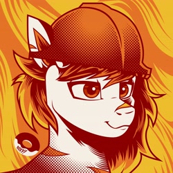 Size: 4096x4096 | Tagged: safe, artist:poxy_boxy, derpibooru import, oc, oc only, pony, abstract background, bust, clothes, commission, facial scar, hard hat, hat, limited palette, nose scar, scar, smiling, solo