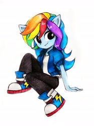 Size: 2033x2711 | Tagged: safe, artist:liaaqila, derpibooru import, rainbow dash, human, equestria girls, clothes, converse, cute, dashabetes, female, pony ears, shoes, simple background, solo, toy interpretation, traditional art, white background