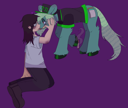 Size: 2736x2304 | Tagged: safe, artist:maggot, derpibooru import, oc, oc:menthol virtue, earth pony, human, pony, cigarette, clothes, commission, drugs, hand on face, hat, heart, hooves, lidded eyes, looking at each other, looking at someone, pants, purple background, sharp teeth, shirt, shoes, simple background, smoke, stoner, sweat, teeth, tongue, tongue out, unshorn fetlocks