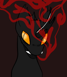 Size: 700x800 | Tagged: safe, artist:maggot, derpibooru import, oc, oc only, changeling, bust, fangs, heart, sharp teeth, simple background, slit eyes, solo, teeth, yellow changeling