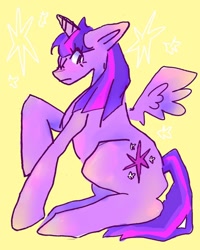 Size: 1080x1350 | Tagged: safe, artist:slugtrain, derpibooru import, twilight sparkle, twilight sparkle (alicorn), alicorn, pony, female, mare, raised hoof, raised leg, simple background, sitting, solo, sparkles, spread wings, wings, yellow background