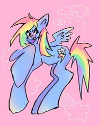 Size: 1080x1350 | Tagged: safe, artist:slugtrain, derpibooru import, rainbow dash, pegasus, pony, :3, cloud, female, mare, rain, rainbow, raised hoof, raised leg, solo, spread wings, wings