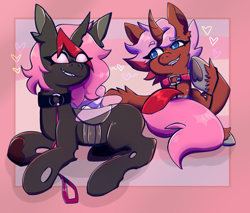 Size: 2000x1707 | Tagged: safe, artist:goblinkimg, derpibooru import, oc, oc only, oc:heartstring fiddler, changeling, unicorn, changeling oc, collar, heart, hoof heart, horn, leash, pink background, pink changeling, simple background, underhoof, unicorn oc