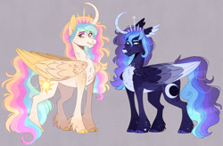 Size: 1280x838 | Tagged: safe, artist:wanderingpegasus, derpibooru import, princess celestia, princess luna, alicorn, pony, beard, chest fluff, cloven hooves, colored wings, curved horn, ear fluff, ears, facial hair, gray background, horn, multicolored wings, redesign, royal sisters, siblings, simple background, sisters, unshorn fetlocks, wing ears, wings