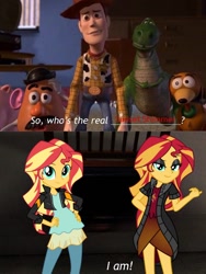 Size: 600x800 | Tagged: safe, artist:aaliyah_rosado, artist:emeraldblast63, artist:sugar-loop, artist:user15432, derpibooru import, sunset shimmer, human, equestria girls, barely eqg related, confused, cowboy, crossover, disney, ham (toy story), human sunset, looking at you, mr. potato head, pixar, rex (toy story), self paradox, slinky dog, smiling, toy, toy story, toy story 2, woody