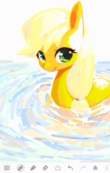 Size: 1078x1694 | Tagged: safe, artist:cheesesauce_45, derpibooru import, applejack, earth pony, pony, cute, female, hatless, jackabetes, looking at you, mare, missing accessory, partially submerged, smiling, smiling at you, solo, water