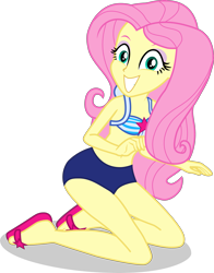 Size: 2357x3011 | Tagged: safe, alternate version, artist:dustinwatsongkx, derpibooru import, fluttershy, human, equestria girls, accessory swap, bare shoulders, bikini, clothes, clothes swap, eyebrows, eyeshadow, female, grin, high res, makeup, one-piece swimsuit, sandals, sci-twi swimsuit, shadow, simple background, sleeveless, smiling, solo, swimsuit, swimsuit swap, transparent background