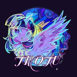 Size: 1080x1080 | Tagged: safe, artist:tkotu1, derpibooru import, twilight sparkle, twilight sparkle (alicorn), alicorn, pony, the last problem, black background, clothes, coronation dress, dress, female, mare, one wing out, open mouth, open smile, second coronation dress, simple background, smiling, solo, wings