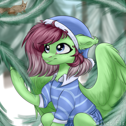 Size: 2000x2000 | Tagged: safe, artist:silverfir, derpibooru import, oc, oc:watermelon success, pegasus, pony, squirrel, clothes, day, ear fluff, ears, female, floppy ears, forest, freckles, mare, sitting, smiling, snow, solo, spread wings, wings, winter, winter outfit