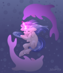 Size: 3000x3500 | Tagged: safe, artist:silverfir, derpibooru import, sea swirl, seafoam, dolphin, pony, unicorn, abstract background, blue mane, bubble, crepuscular rays, crying, digital art, ear fluff, ears, eyes closed, female, flowing mane, fluffy, glowing, glowing horn, holding breath, hoof fluff, hooves, horn, long mane, magic, mare, ocean, sad, solo, tears of pain, teary eyes, underwater, unshorn fetlocks, water