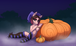 Size: 2975x1835 | Tagged: safe, artist:alrumoon_art, derpibooru import, oc, oc only, earth pony, pony, alrumoon halloween ych 2022, clothes, female, hat, mare, pumpkin, socks, solo, striped socks, witch hat