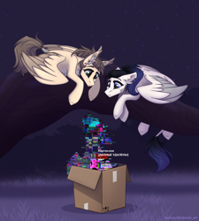 Size: 2761x3063 | Tagged: safe, artist:alrumoon_art, derpibooru import, oc, oc only, oc:cardboard.exe, oc:dima, oc:kassandra, earth pony, pegasus, pony, alrumoon halloween ych 2022, box, female, male, mare