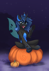 Size: 1668x2388 | Tagged: safe, artist:alrumoon_art, derpibooru import, oc, oc only, oc:sinari, changeling, alrumoon halloween ych 2022, blue changeling, female, mare, night, pumpkin, solo, stars