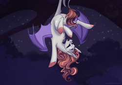 Size: 2388x1668 | Tagged: safe, artist:alrumoon_art, derpibooru import, oc, oc only, oc:alruna moonrise, bat pony, pony, alrumoon halloween ych 2022, female, mare, night, solo, stars, tree branch, upside down