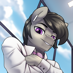 Size: 1220x1220 | Tagged: safe, artist:jedayskayvoker, derpibooru import, octavia melody, octavius, anthro, comic:play the record, advertisement, airpods, daddy, daddy kink, dilf, looking at you, male, necktie, octavia, office, patreon, patreon exclusive, patreon preview, rule 63, solo, stallion