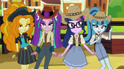 Size: 4000x2240 | Tagged: safe, artist:ajosterio, artist:aqua-pony, artist:bigpurplemuppet99, derpibooru import, adagio dazzle, aria blaze, sci-twi, sonata dusk, twilight sparkle, equestria girls, cowgirl outfit, the dazzlings