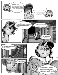 Size: 1734x2244 | Tagged: safe, artist:fdyna, derpibooru import, princess celestia, sunset shimmer, pony, spider, unicorn, book, comic, library, monochrome, spanish, spider web