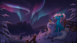 Size: 3840x2160 | Tagged: safe, artist:alicetriestodraw, derpibooru import, oc, oc only, oc:glacandra, oc:pummela, pony, unicorn, armband, aurora borealis, cottage, duo, female, fence, freckles, horn, lying down, mare, mountain, night, ponytail, scenery, sitting, snow, thermos, tree, unicorn oc, winter