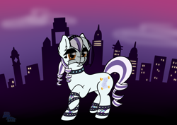 Size: 3508x2480 | Tagged: safe, artist:exobass, derpibooru import, oc, oc:honeydrop, earth pony, pony, collar, manehattan, skyline