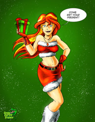 Size: 1024x1319 | Tagged: safe, artist:pete-da-graptor, derpibooru import, sunset shimmer, human, equestria girls, christmas, clothes, costume, female, holiday, midriff, open mouth, open smile, present, santa costume, sexy, sexy santa costume, smiling, solo