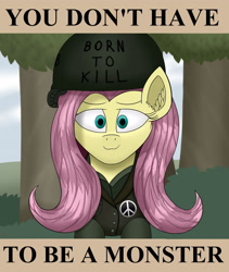 Size: 2416x2860 | Tagged: safe, artist:wailks, derpibooru import, fluttershy, pegasus, pony, equestria at war mod, born to kill, bust, clothes, cute, digital art, ear fluff, ears, female, full metal jacket, high res, mare, military, military uniform, peace symbol, portrait, solo, text, uniform, vietnam war, war