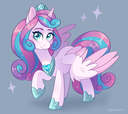 Size: 1992x1772 | Tagged: safe, artist:skysorbett, derpibooru import, princess flurry heart, alicorn, pony, g4, colored wings, crown, crystal heart, female, jewelry, looking at you, mare, older, older flurry heart, raised hoof, raised leg, regalia, simple background, solo, sparkles, two toned wings, wings