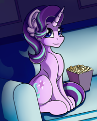 Size: 1600x2000 | Tagged: safe, artist:blackiethepony, derpibooru import, starlight glimmer, pony, unicorn, female, food, looking at you, mare, popcorn, sitting, sofa, solo
