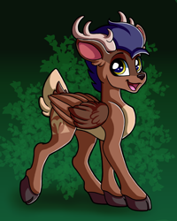 Size: 1600x2000 | Tagged: safe, artist:blackiethepony, derpibooru import, oc, oc:arny, deer, deer pony, original species, peryton, abstract background, antlers, cloven hooves, green background, looking at you, male, simple background, smiling, solo