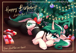 Size: 2388x1668 | Tagged: safe, artist:alrumoon_art, derpibooru import, oc, oc only, pony, unicorn, bow, christmas, christmas tree, female, heart, heart eyes, holiday, mare, present, solo, tail, tail bow, tree, wingding eyes