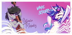 Size: 3403x1668 | Tagged: safe, artist:alrumoon_art, derpibooru import, dj pon-3, octavia melody, vinyl scratch, earth pony, pony, unicorn, female, mare