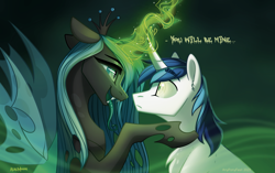 Size: 1881x1181 | Tagged: safe, artist:alrumoon_art, derpibooru import, queen chrysalis, shining armor, changeling, changeling queen, pony, unicorn, eye contact, female, green tongue, long tongue, looking at each other, looking into each others eyes, male, mare, mind control, stallion, tongue, tongue out