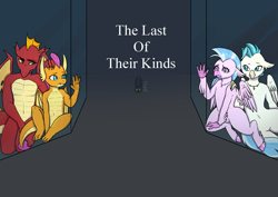 Size: 2039x1446 | Tagged: safe, artist:natt333, derpibooru import, garble, silverstream, smolder, terramar, dragon, hippogriff, fanfic:the last of their kinds, accessories, author:shakespearicles, brother, brother and sister, cage, closed mouth, cover art, eyebrows, eyelashes, eyes open, family, fanfic, fanfic art, fanfic cover, female, fimfiction, folded wings, freckles, frown, hand on head, hand on shoulder, hippocest, implied inbreeding, implied incest, implied sex, implied shipping, inbreeding, incest, jewelry, logo, looking, looking at each other, looking at someone, looking back, male, necklace, nostrils, pearl, pearl necklace, pupils, sad, sad face, shakespearicles, shipping, siblings, signature, simple background, sister, smolble, straight, teeth, text, the last of their kinds, trapped, wall of tags, wings, xk-class end-of-the-world scenario