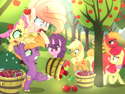 Size: 3058x2297 | Tagged: safe, artist:harmonyvitality-yt, derpibooru import, apple bloom, applejack, big macintosh, li'l cheese, little mac, sugar belle, oc, oc:empire apple, earth pony, pony, unicorn, apple, apple tree, base used, basket, colt, female, foal, food, holding a pony, male, mare, older, older apple bloom, outdoors, stallion, tree