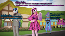 Size: 1920x1080 | Tagged: safe, artist:rexyvexi, derpibooru import, princess cadance, shining armor, trixie, alicorn, anthro, unicorn, comic:trixies sluts, 3d, big breasts, breasts, huge breasts, princess cansdance, source filmmaker