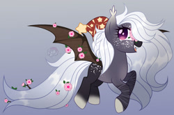 Size: 1280x846 | Tagged: safe, artist:emperor-anri, derpibooru import, oc, oc only, bat pony, pony, bat pony oc, colored hooves, eyelashes, flower, flower in hair, freckles, gradient background, hair over one eye, hat, smiling, solo