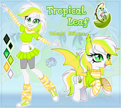 Size: 1280x1145 | Tagged: safe, artist:emperor-anri, derpibooru import, oc, oc only, oc:tropical leaf, bat pony, human, pony, equestria girls, bat pony oc, clothes, equestria girls-ified, eyelashes, grin, leg warmers, makeup, midriff, shoes, skirt, smiling, zoom layer