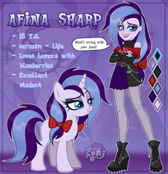 Size: 1280x1327 | Tagged: safe, artist:emperor-anri, derpibooru import, oc, oc only, oc:afina sharp, human, pony, unicorn, equestria girls, boots, bow, crossed arms, dreamworks face, equestria girls-ified, female, fishnet stockings, goth, hair bow, horn, mare, shoes, smiling, smirk, unicorn oc, zoom layer