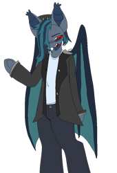 Size: 1390x2048 | Tagged: safe, artist:maggot, derpibooru import, oc, oc only, oc:sigil swarm, anthro, bat pony, arm hooves, bat pony oc, clothes, glasses, hair over one eye, hat, jacket, open mouth, open smile, pants, sharp teeth, shirt, simple background, smiling, solo, squint, teeth, transparent background, underhoof, wings