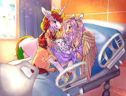 Size: 1280x971 | Tagged: safe, artist:malinraf1615, derpibooru import, fluttershy, oc, oc:lucky charm, pegasus, pony, unicorn, baby, baby pony, bed, canon x oc, colt, crying, deviantart watermark, family, father and child, female, foal, hospital bed, male, mare, mother and child, obtrusive watermark, parent and child, parent:fluttershy, parents and child, parents:canon x oc, siblings, stallion, straight, tears of joy, unshorn fetlocks, watermark, window