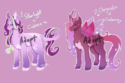 Size: 3000x2000 | Tagged: safe, artist:venobatss, derpibooru import, oc, oc only, changepony, hybrid, pony, unicorn, curved horn, duo, female, horn, interspecies offspring, leonine tail, magical lesbian spawn, mare, offspring, parent:princess cadance, parent:queen chrysalis, parent:starlight glimmer, parents:cadalis, pink background, simple background, tail, unicorn oc