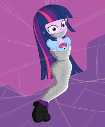 Size: 3300x4000 | Tagged: safe, artist:gregory-gid-did, derpibooru import, twilight sparkle, human, equestria girls, bondage, bound and gagged, cocoon, damsel in distress, female, gag, high res, mummification, purple background, simple background, solo, spider web, tied up